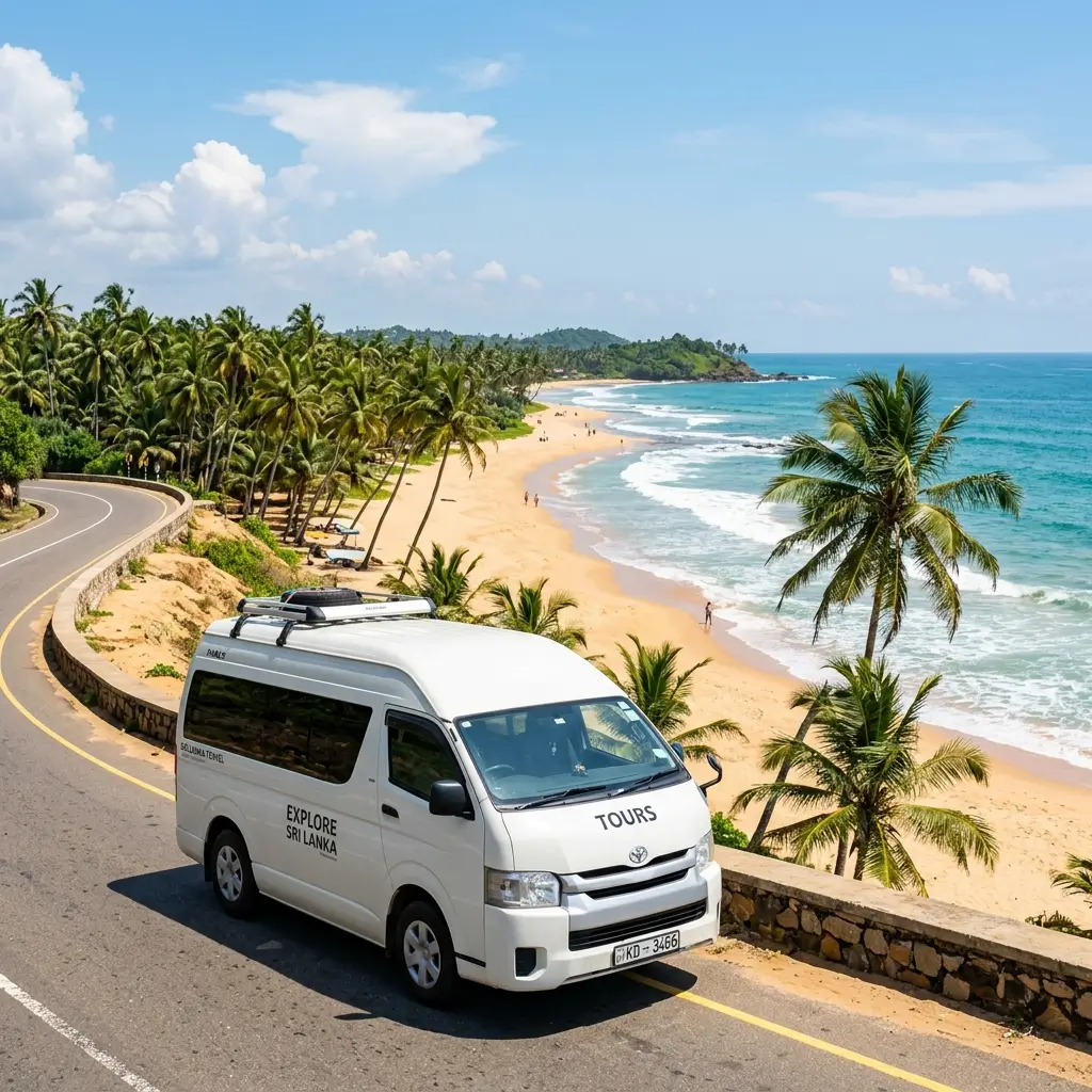 Tourist vehicle on a scenic coastal road in Sri Lanka