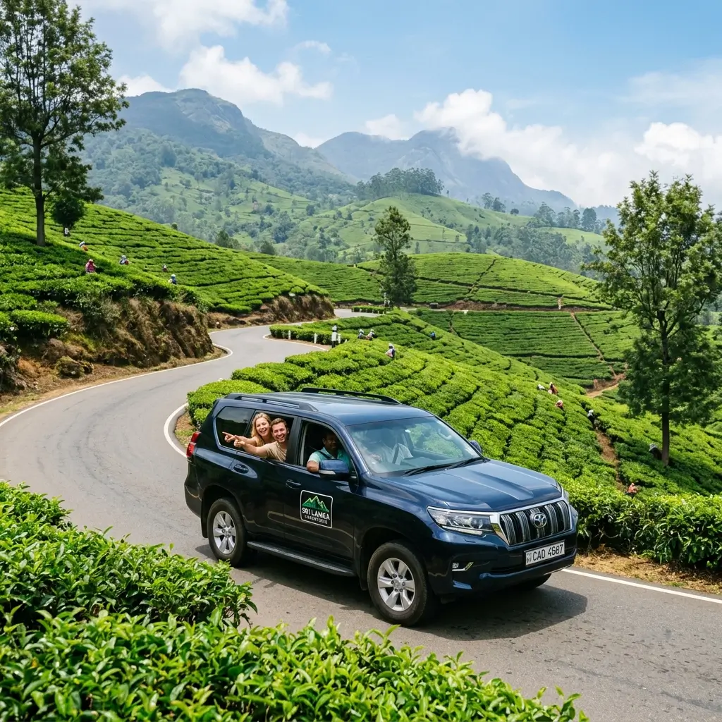 Tourist SUV on a scenic tea plantation road in Sri Lanka