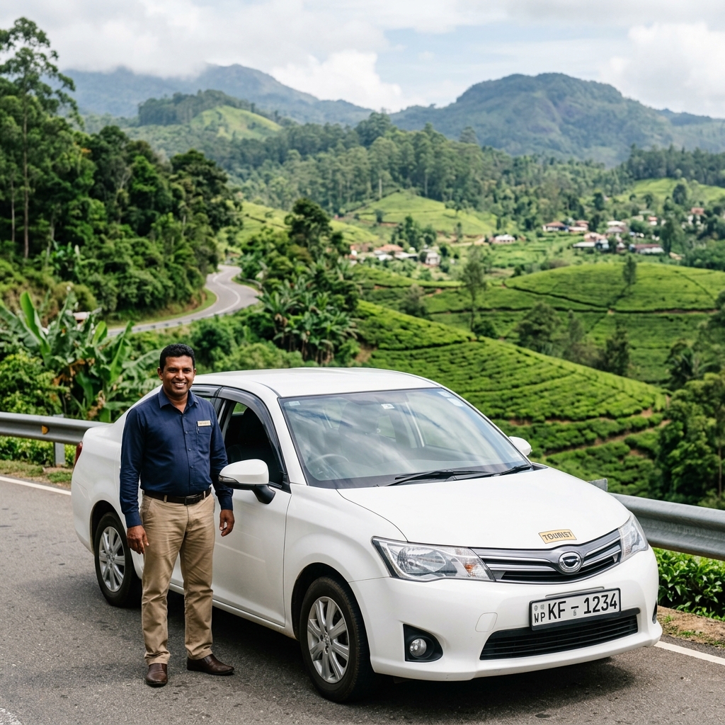 Happy tourists with their private driver in Sri Lanka